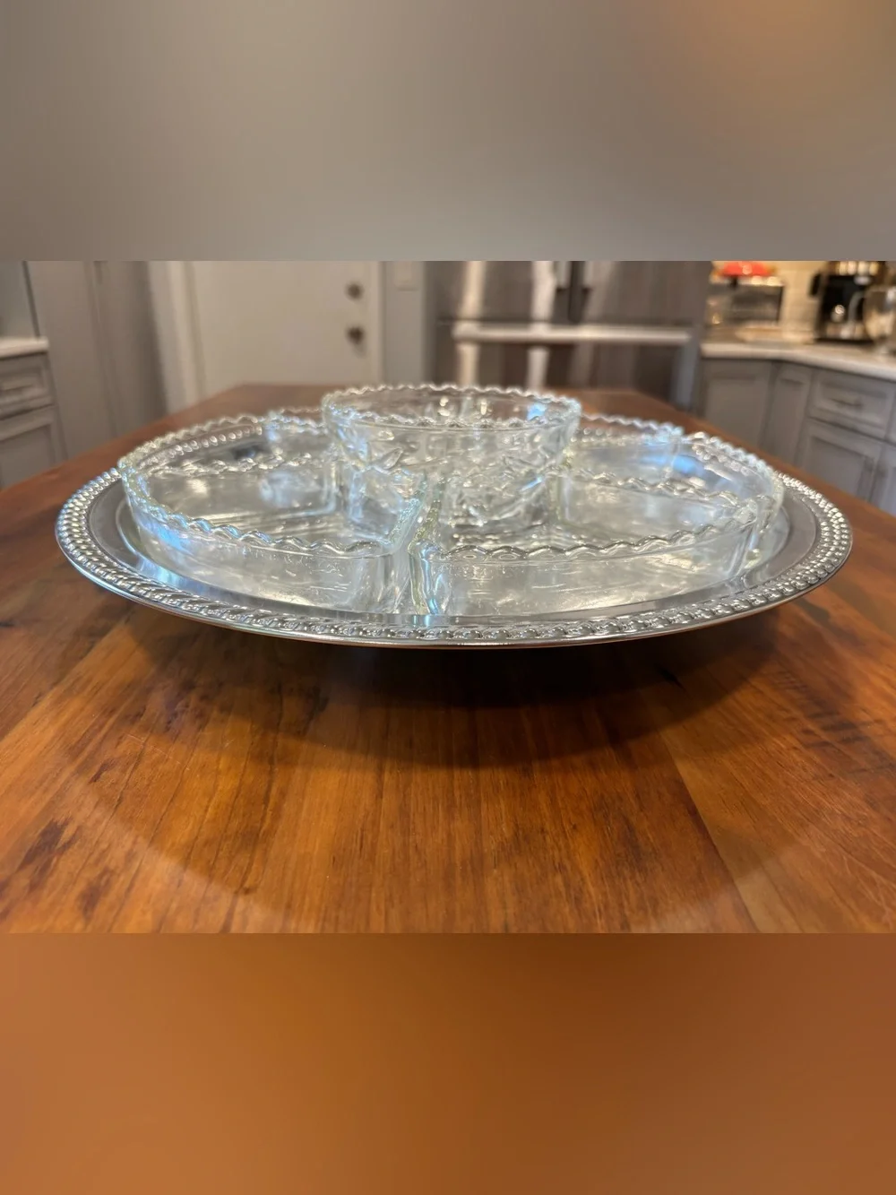 Vintage Irvinware Chromeware Revolving Susan Serving Tray with 7 glass sections